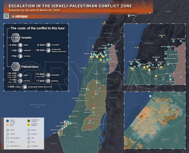Bản đồ xung đột Israel - Hamas ngày 26/3. (Ảnh: Rybar)