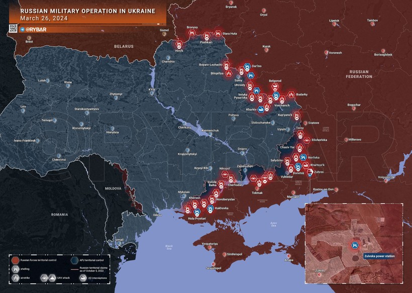 Bản đồ chiến sự Ukraine ngày 26/3. (Ảnh: Rybar)