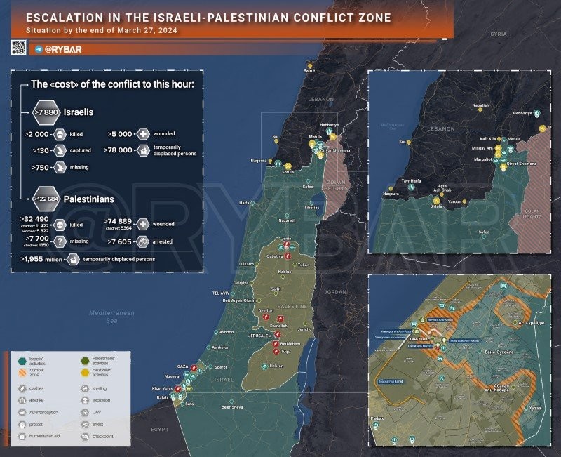 Bản đồ xung đột Israel - Hamas ngày 27/3. (Ảnh: Rybar)