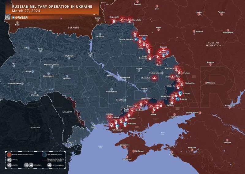 Bản đồ chiến sự Ukraine ngày 27/3. (Ảnh: Rybar)