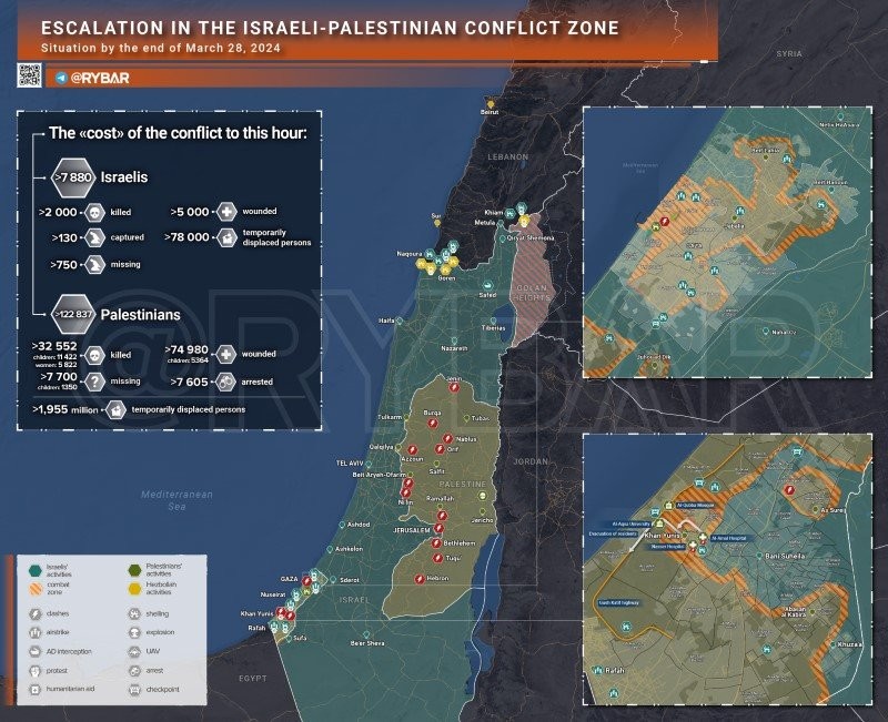 Bản đồ xung đột Israel - Hamas ngày 28/3. (Ảnh: Rybar)
