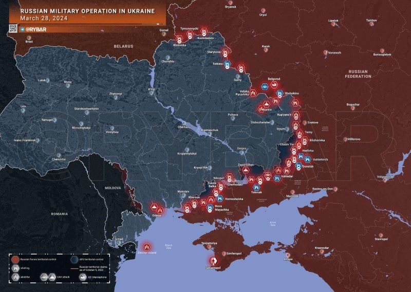Bản đồ chiến sự Ukraine ngày 28/3. (Ảnh: Rybar)