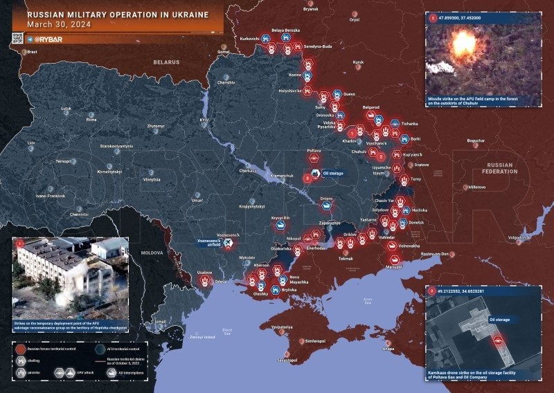 Bản đồ chiến sự Ukraine ngày 30/3. (Ảnh: Rybar)