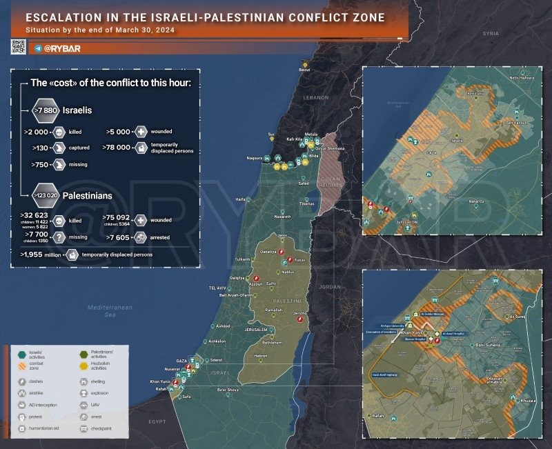 Bản đồ xung đột Israel - Hamas ngày 30/3. (Ảnh: Rybar)