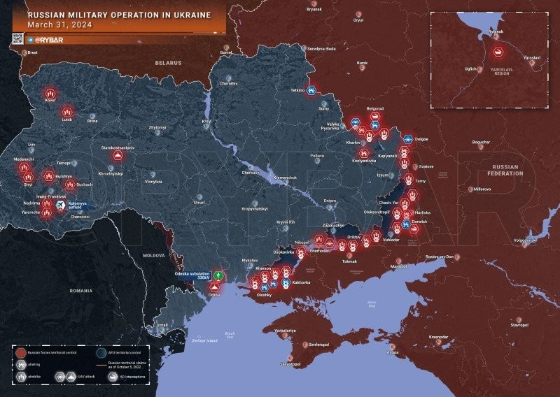 Bản đồ chiến sự Ukraine ngày 31/3. (Ảnh: Rybar)
