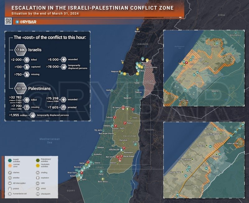 Bản đồ xung đột Israel - Hamas ngày 31/3. (Ảnh: Rybar)
