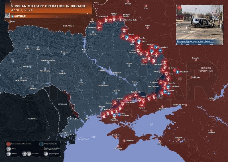 Bản đồ chiến sự Ukraine ngày 1/4. (Ảnh: Rybar)