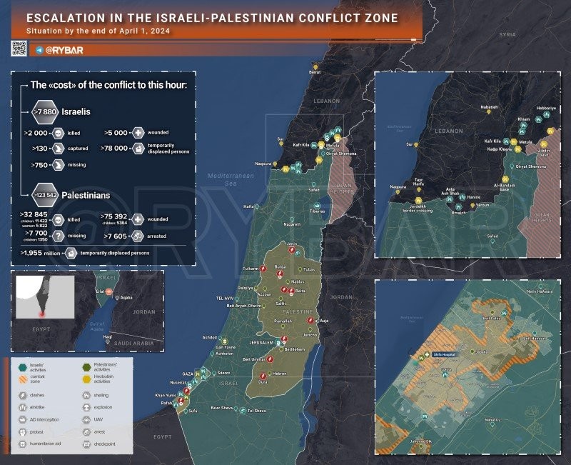 Bản đồ xung đột Israel - Hamas ngày 1/4. (Ảnh: Rybar)