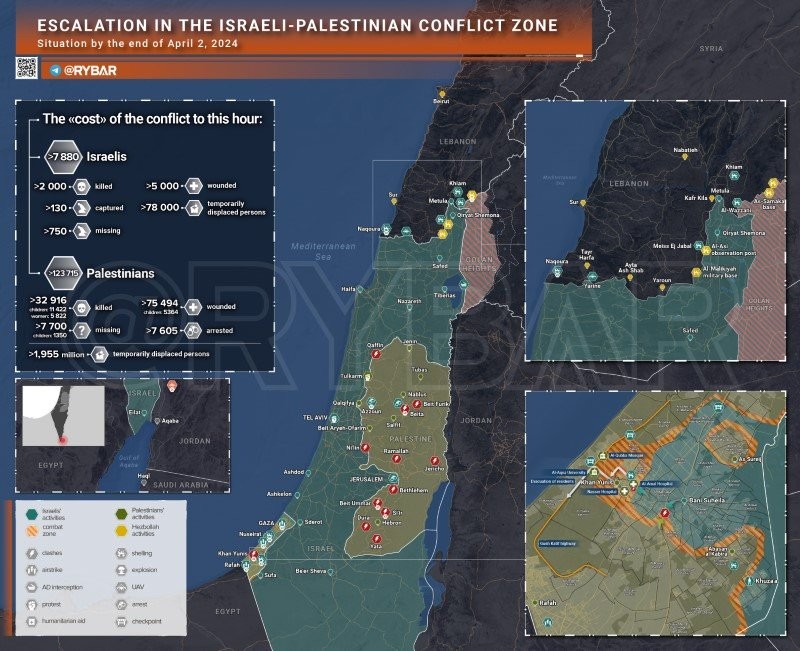 Bản đồ xung đột Israel - Hamas ngày 2/4. (Ảnh: Rybar)