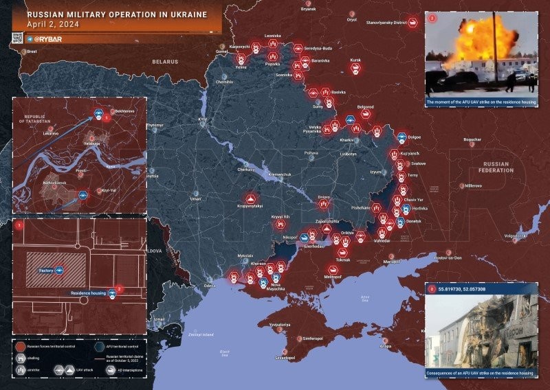 Bản đồ chiến sự Ukraine ngày 2/4. (Ảnh: Rybar)