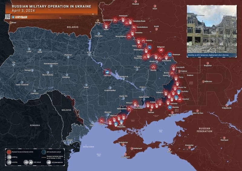 Bản đồ chiến sự Ukraine ngày 3/4. (Ảnh: Rybar)