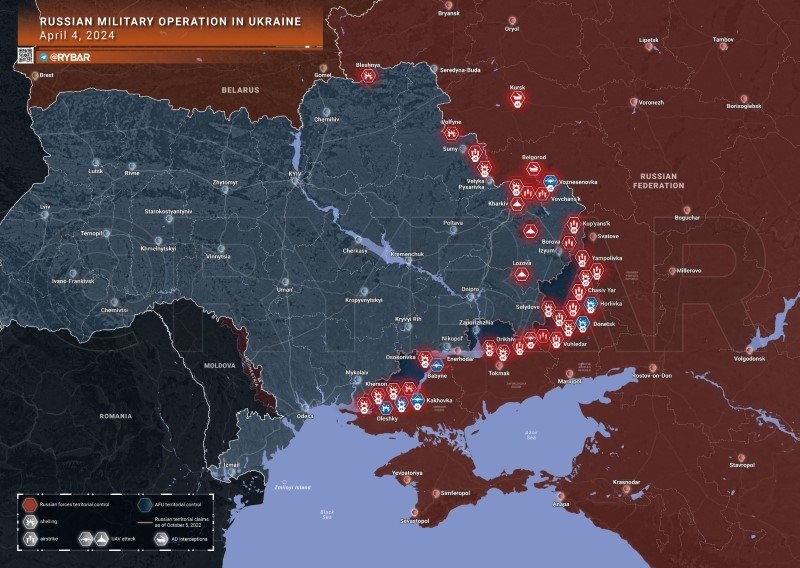Bản đồ chiến sự Ukraine ngày 4/4. (Ảnh: Rybar)