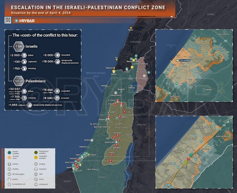 Bản đồ xung đột Israel - Hamas ngày 4/4. (Ảnh: Rybar)