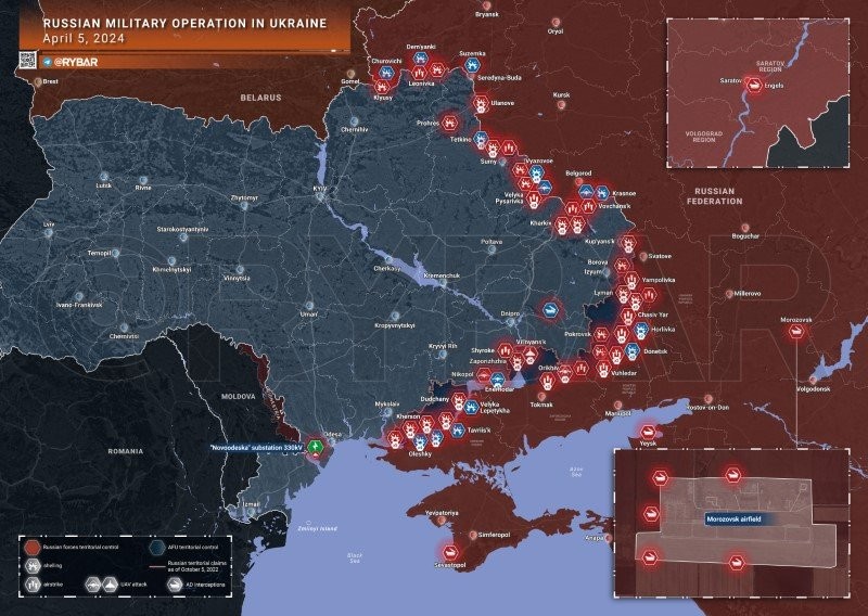 Bản đồ chiến sự Ukraine ngày 5/4. (Ảnh: Rybar)