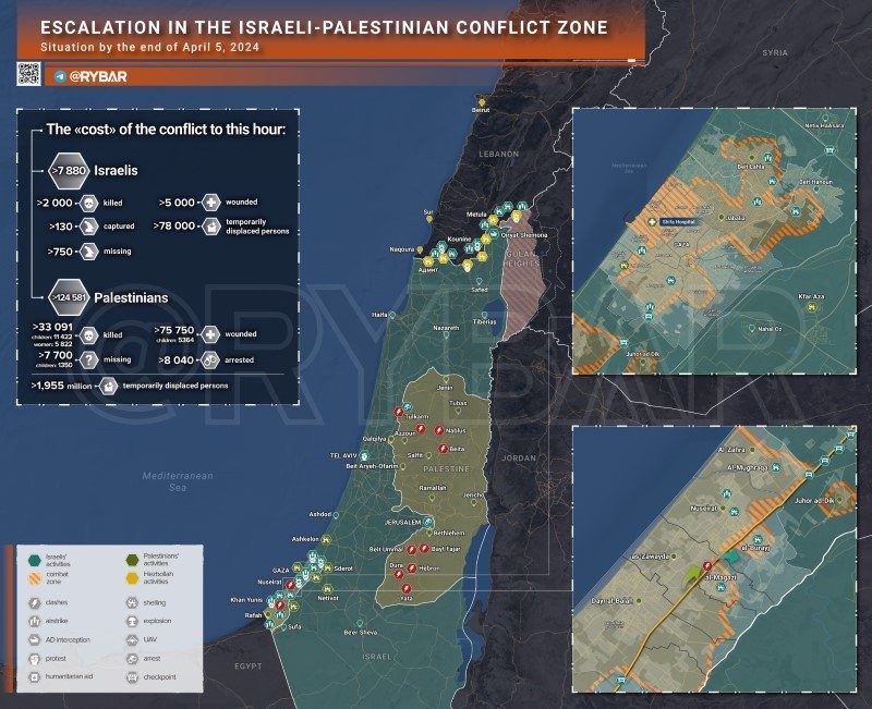Bản đồ xung đột Israel - Hamas ngày 5/4. (Ảnh: Rybar)