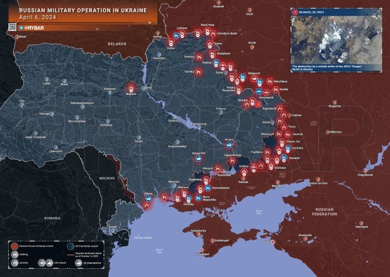 Bản đồ chiến sự Ukraine ngày 6/4. (Ảnh: Rybar)