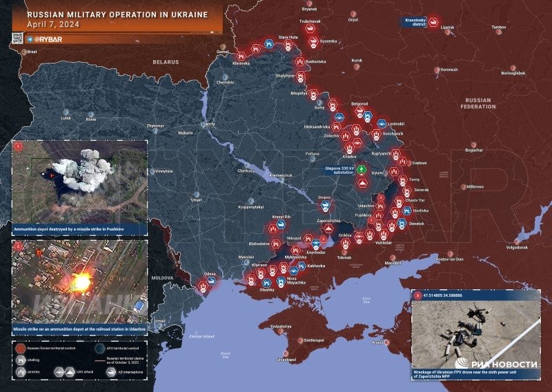 Bản đồ chiến sự Ukraine ngày 7/4. (Ảnh: Rybar)