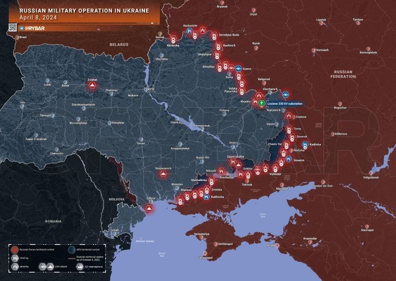 Bản đồ chiến sự Ukraine ngày 8/4. (Ảnh: Rybar).