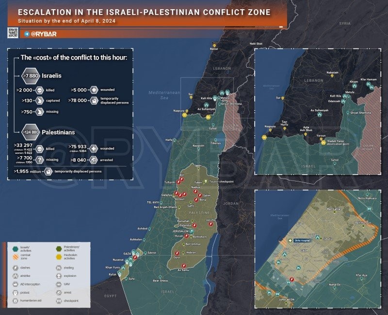 Bản đồ xung đột Israel - Hamas ngày 8/4. (Ảnh: Rybar)