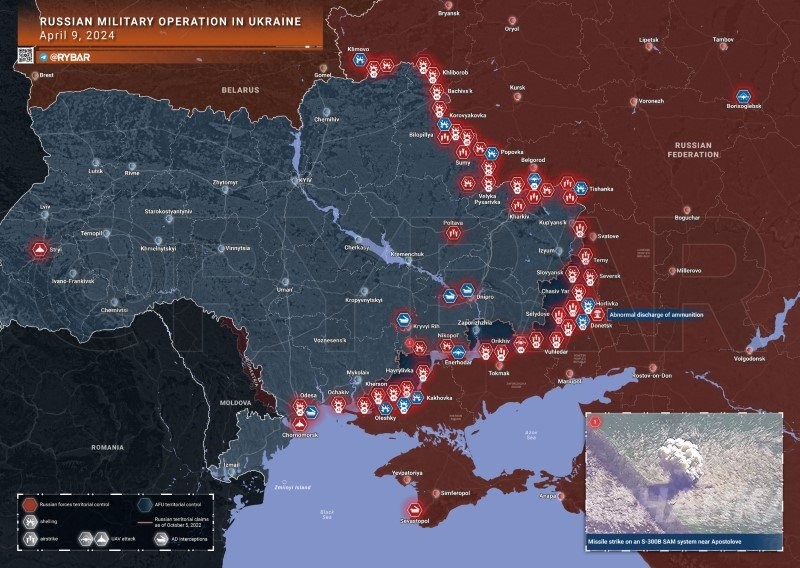 Bản đồ chiến sự Ukraine ngày 9/4. (Ảnh: Rybar)