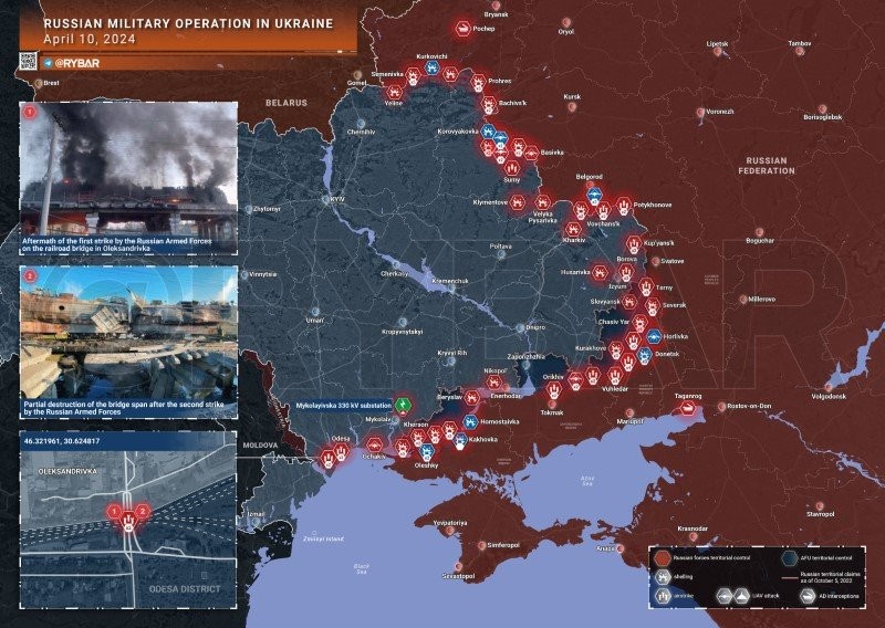 Bản đồ chiến sự Ukraine ngày 10/4. (Ảnh: Rybar)