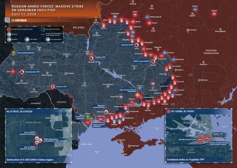 Bản đồ chiến sự Ukraine ngày 11/4. (Ảnh: Rybar)