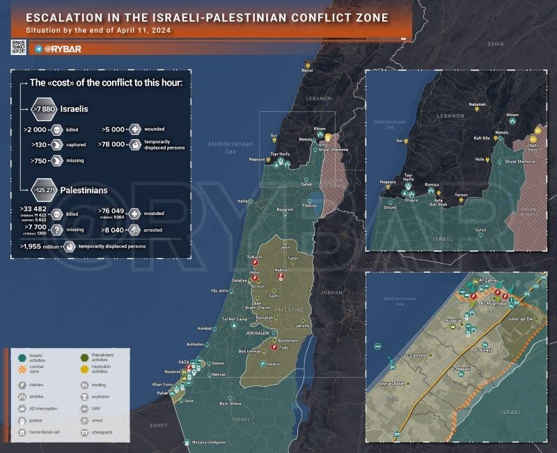 Bản đồ xung đột Israel - Hamas ngày 11/4. (Ảnh: Rybar)