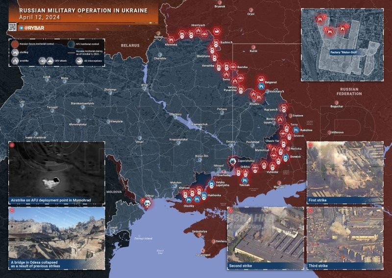 Bản đồ chiến sự Ukraine ngày 12/4. (Ảnh: Rybar)