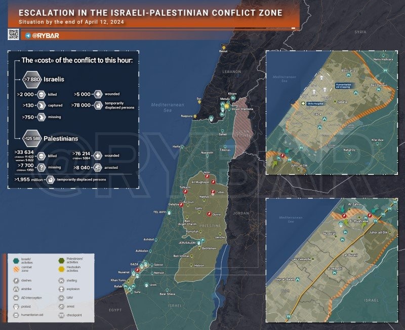 Bản đồ xung đột Israel - Hamas ngày 12/4. (Ảnh: Rybar)