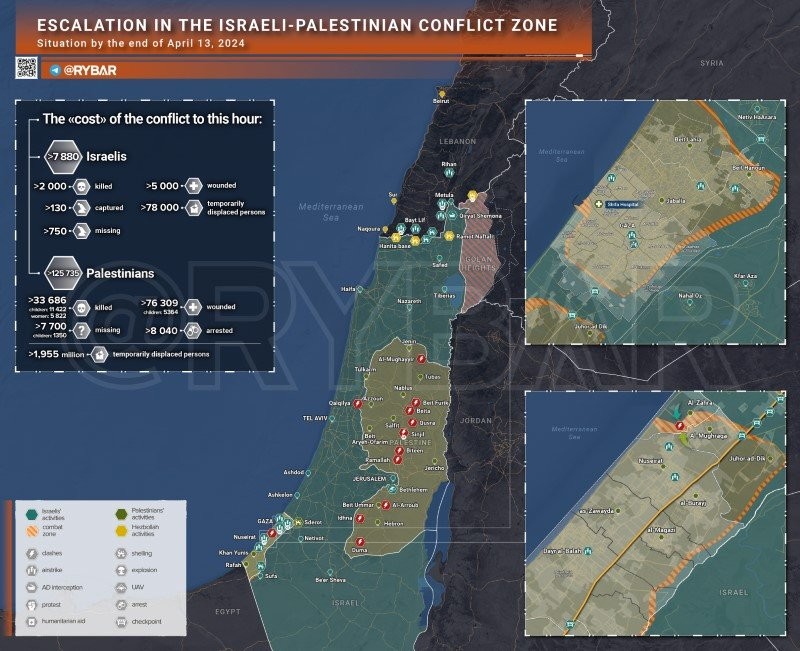 Bản đồ xung đột Israel - Hamas ngày 13/4. (Ảnh: Rybar)