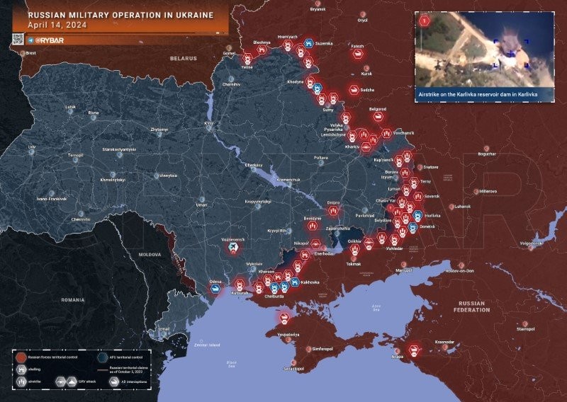 Bản đồ chiến sự Ukraine ngày 14/4, hướng Avdeevka. (Ảnh: Rybar)