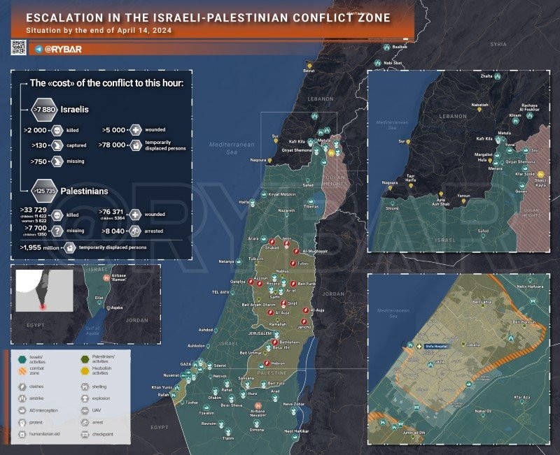 Bản đồ xung đột Israel - Hamas ngày 14/4. (Ảnh: Rybar)
