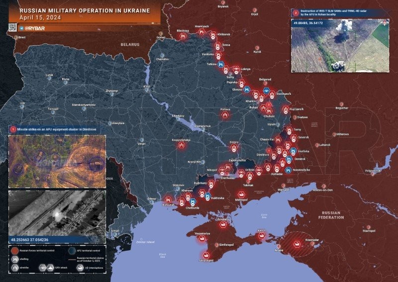 Bản đồ chiến sự Ukraine ngày 15/4. (Ảnh: Rybar)