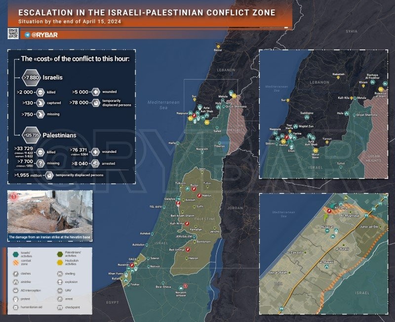 Bản đồ xung đột Israel - Hamas ngày 15/4. (Ảnh: Rybar)