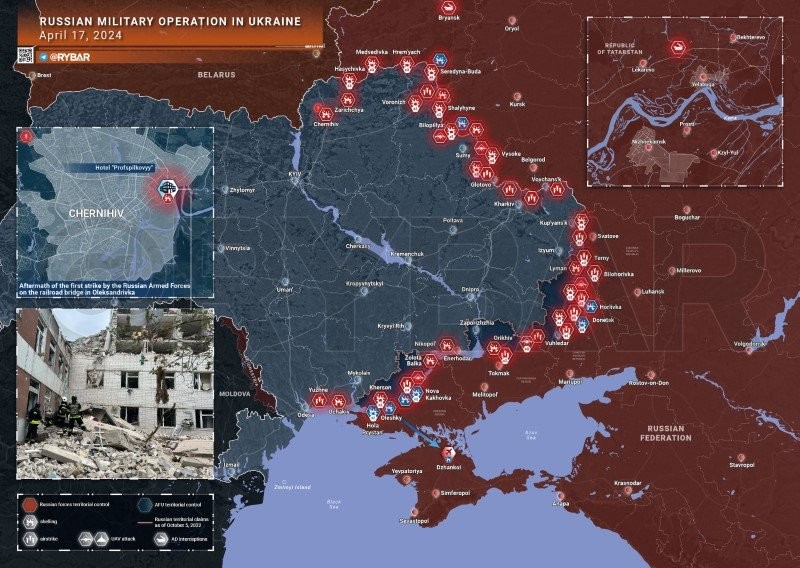 Bản đồ chiến sự Ukraine ngày 17/4. (Ảnh: Rybar)