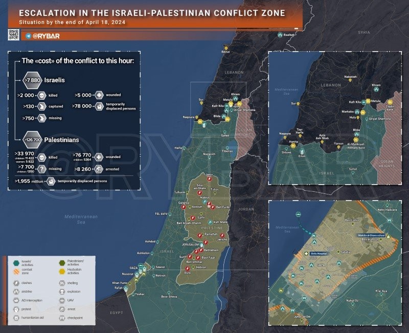 Bản đồ xung đột Israel - Hamas ngày 18/4. (Ảnh: Rybar)