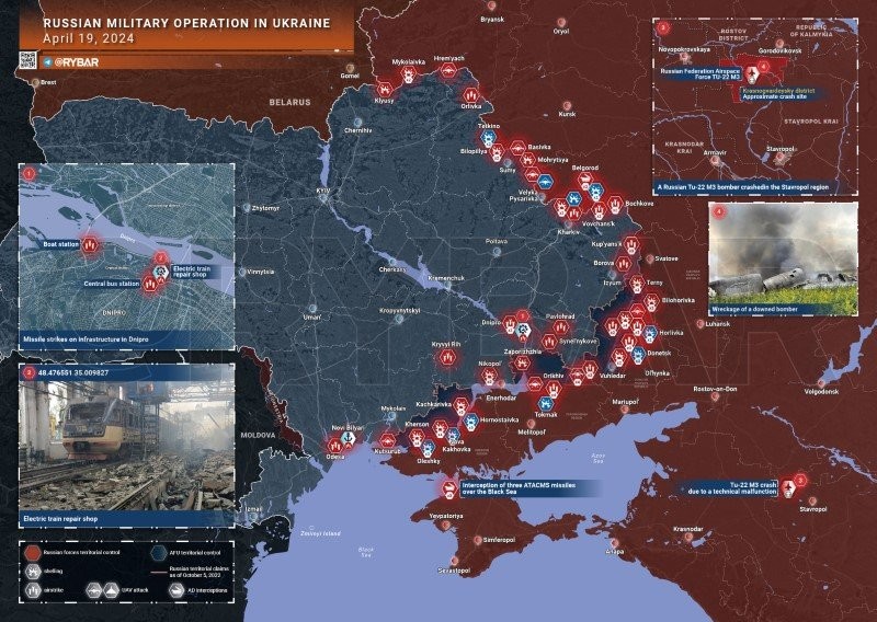Bản đồ chiến sự Ukraine ngày 19/4. (Ảnh: Rybar)