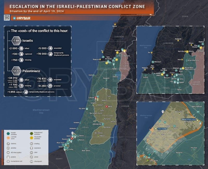 Bản đồ xung đột Israel - Hamas ngày 19/4. (Ảnh: Rybar)