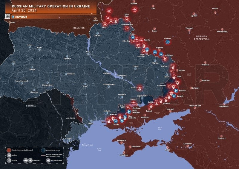 Bản đồ chiến sự Ukraine ngày 20/4. (Ảnh: Rybar)