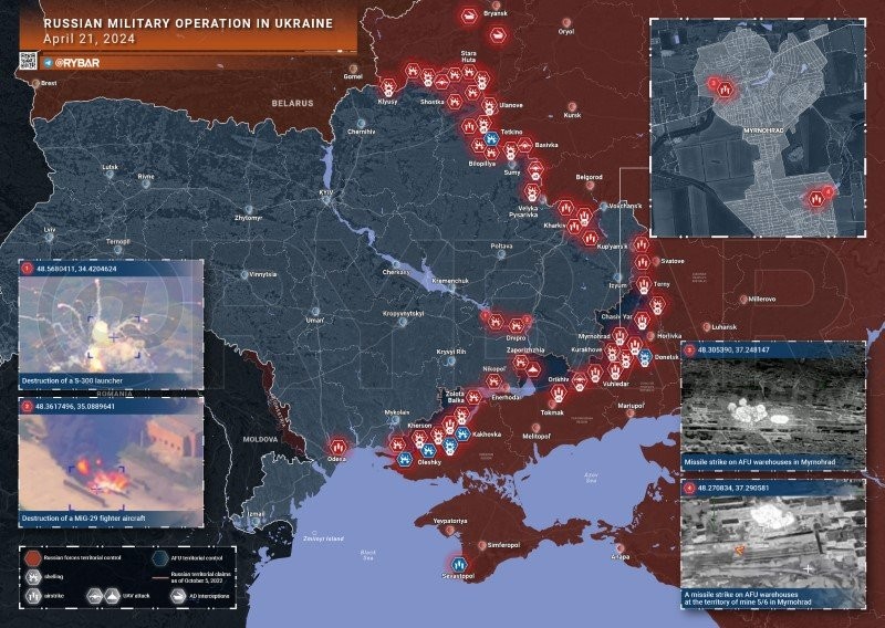 Bản đồ chiến sự Ukraine ngày 21/4. (Ảnh: Rybar)
