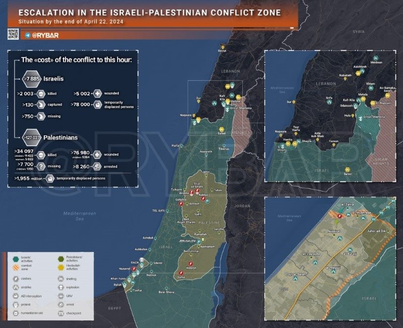 Bản đồ xung đột Israel - Hamas ngày 22/4. (Ảnh: Rybar)