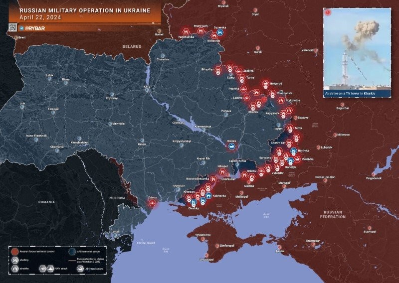 Bản đồ chiến sự Ukraine ngày 22/4. (Ảnh: Rybar)