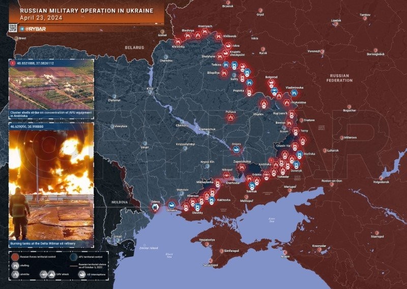 Bản đồ chiến sự Ukraine ngày 23/4. (Ảnh: Rybar)