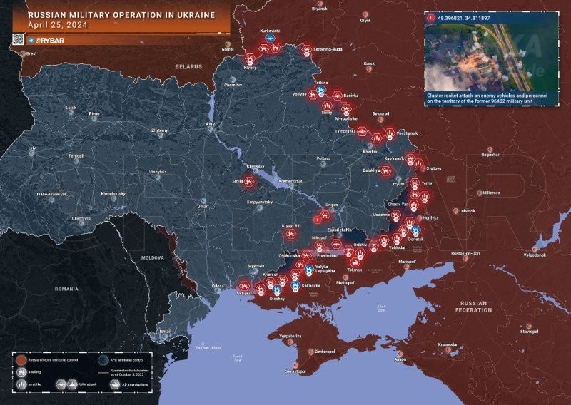 Bản đồ chiến sự Ukraine ngày 25/4. (Ảnh: Rybar)
