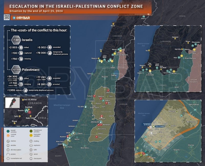 Bản đồ xung đột Israel - Hamas ngày 25/4. (Ảnh: Rybar)