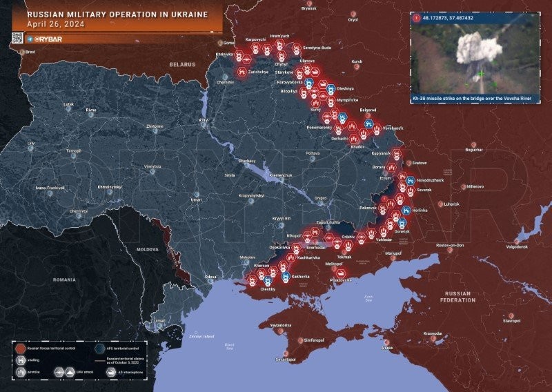 Bản đồ chiến sự Ukraine ngày 26/4. (Ảnh: Rybar)