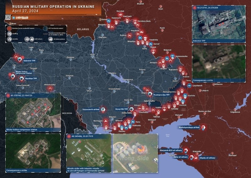 Bản đồ chiến sự Ukraine ngày 27/4. (Ảnh: Rybar)