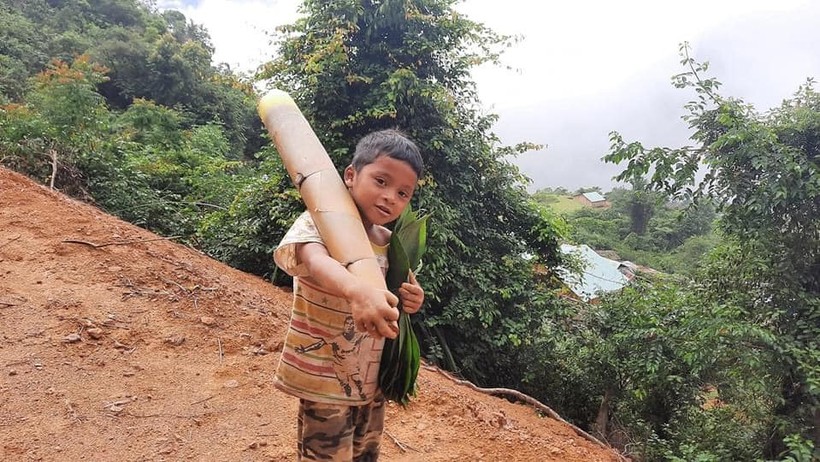Một em bé ở huyện Nam Trà My (tỉnh Quảng Nam) đem măng rừng và
rau đi ủng hộ người dân. Ảnh: Trần Nguyễn Vỹ.