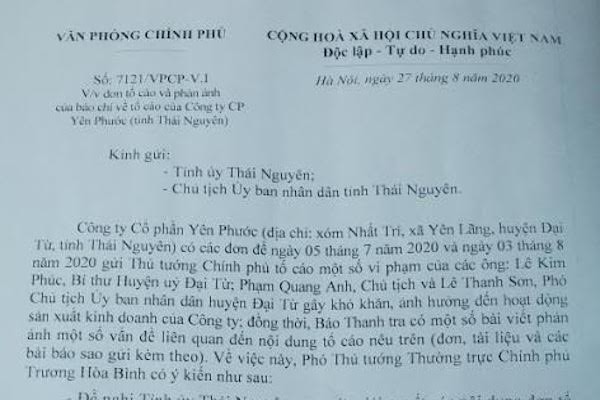 Phó Thủ tướng Trương Hòa Bình yêu cầu tỉnh Thái Nguyên làm rõ tố cáo của doanh nghiệp