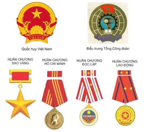 Quốc huy Việt Nam, Biểu trưng Tổng liên đoàn và các mẫu huân chương do họa sĩ Bùi Trang Chước vẽ. Ảnh: IT